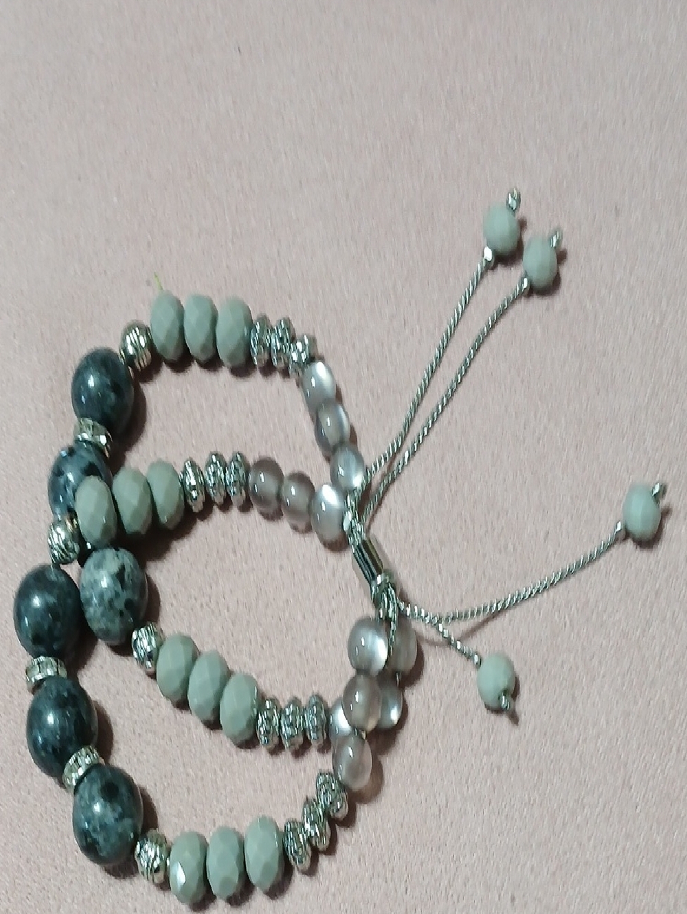 Adjustable Gray & Pale Green Beaded Bracelet Set